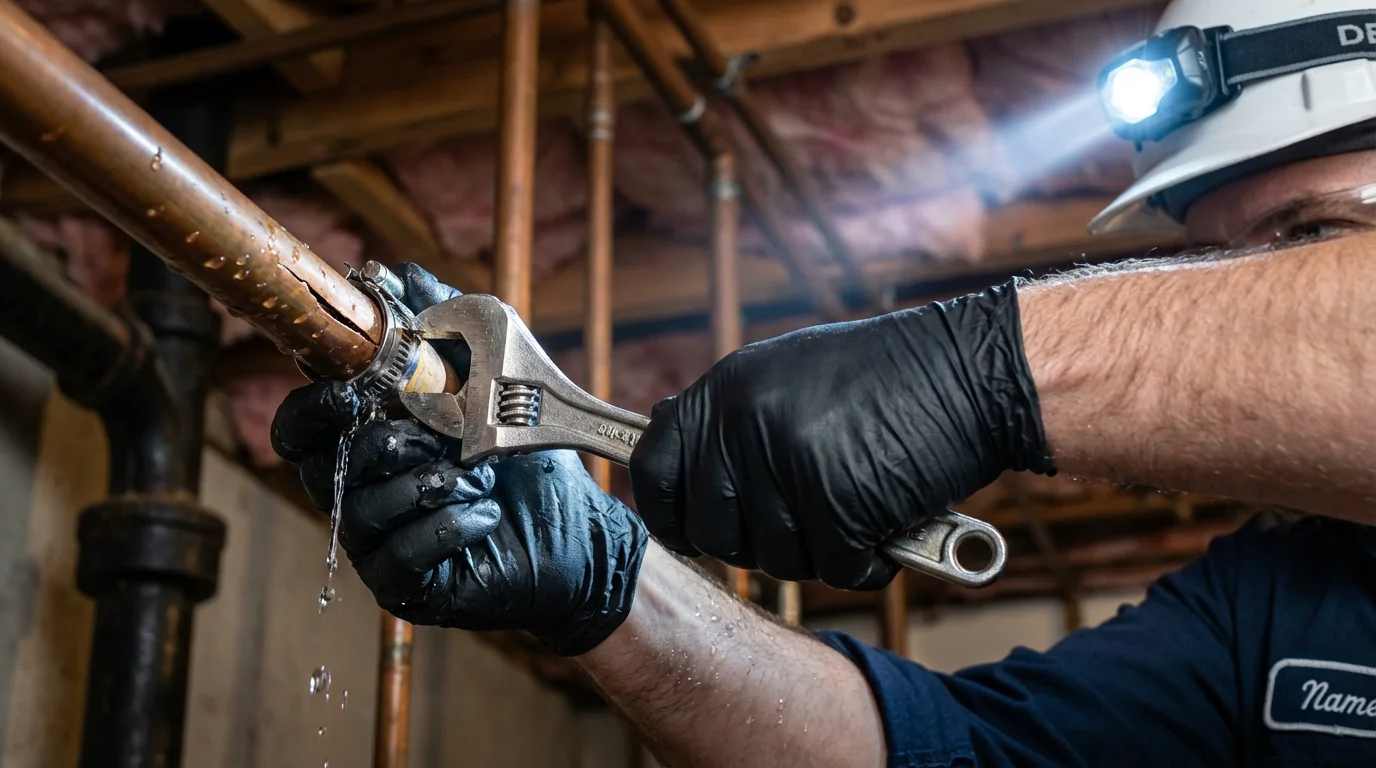 Emergency pipe clamp repair being performed by a Johns Plumbing LLC plumber in Elkhorn