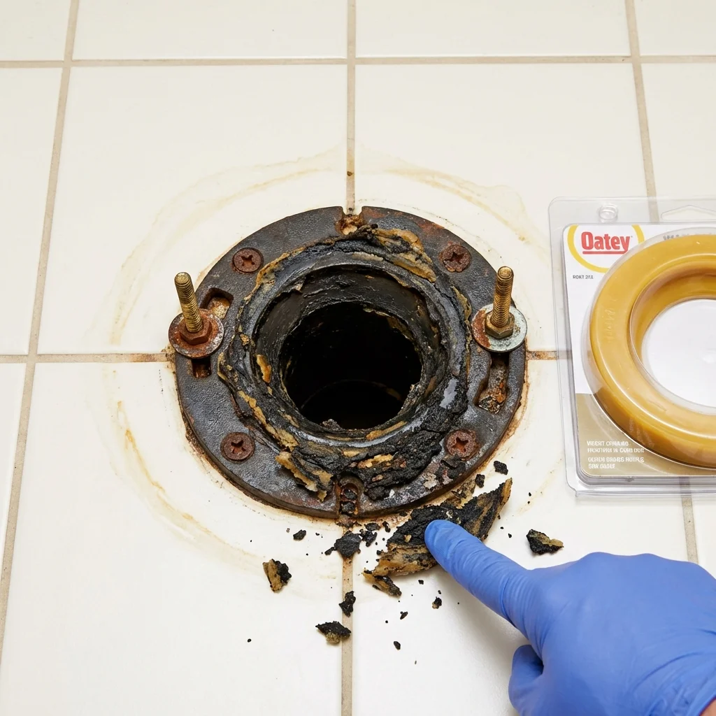 Failed wax ring showing water seepage at the base of a toilet in a Elkhorn, WI home
