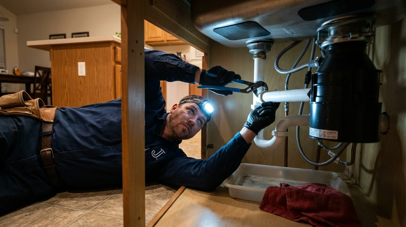 P-trap and supply line connections under a kitchen sink showing a common leak point in Elkhorn, WI